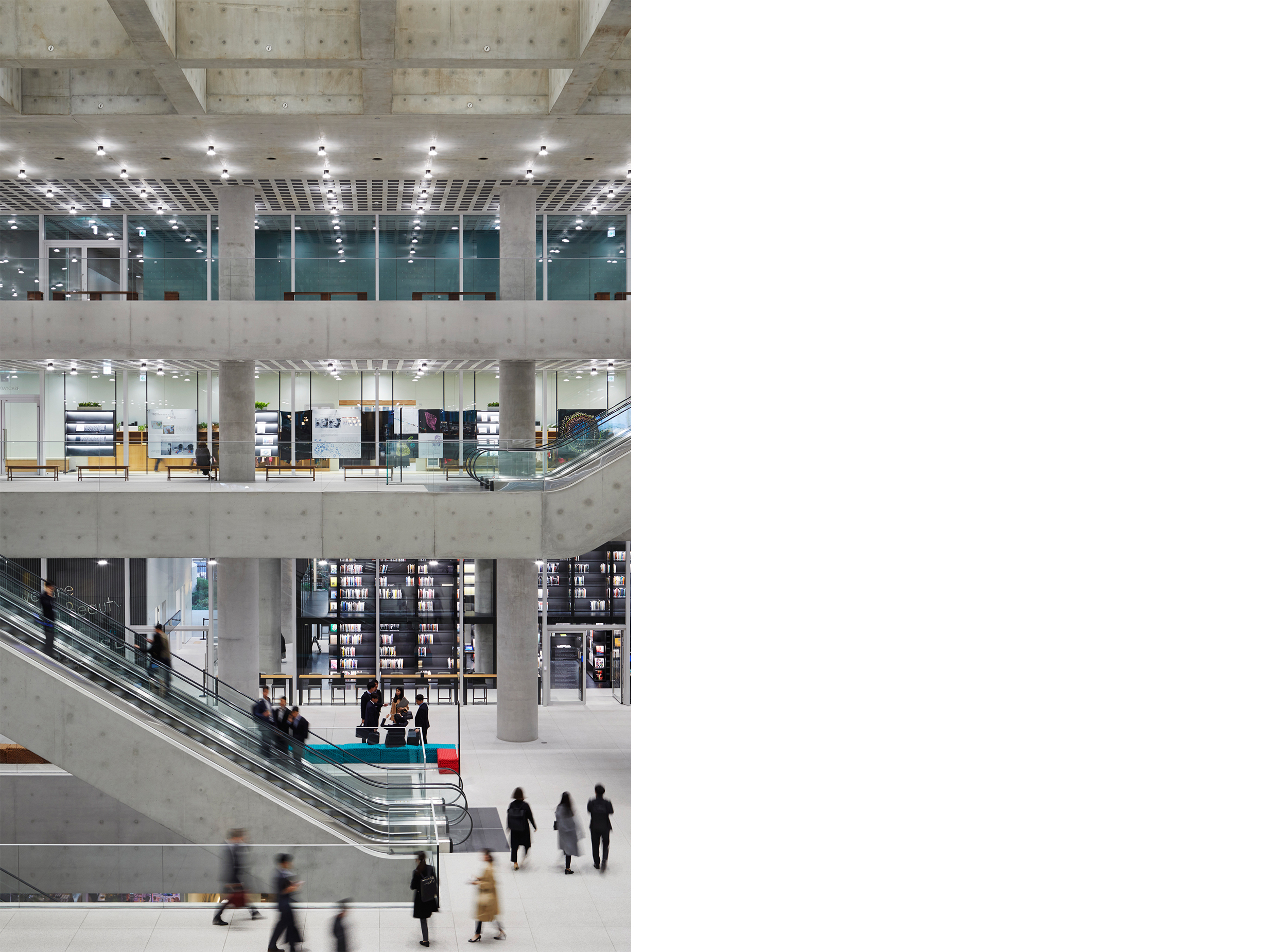 Central atrium of the Amorepacific headquarters, where escalators and open floor plates connect a series of communal work and public spaces.