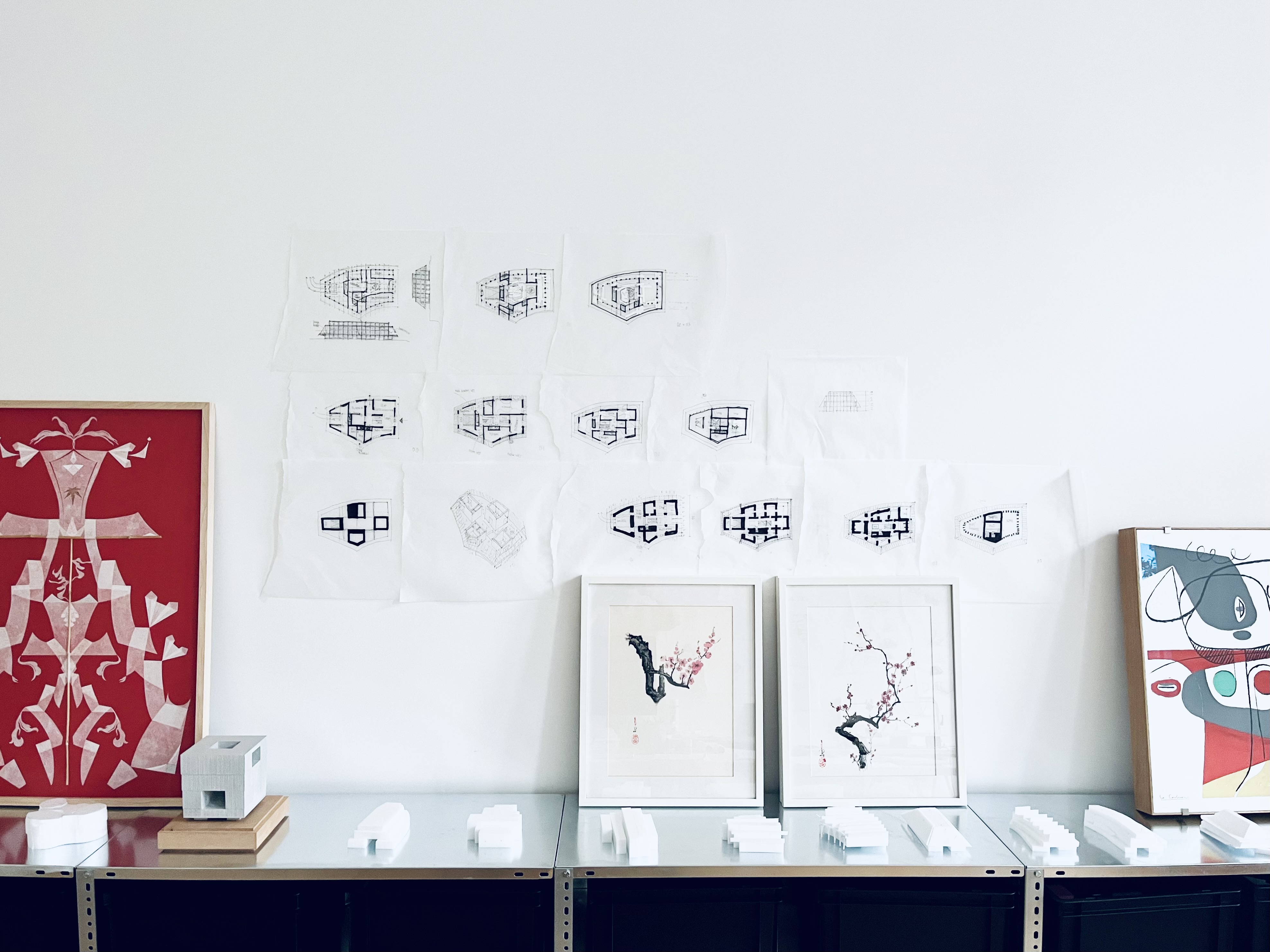 Architectural sketches, study models and artworks in the A KIND OF SPACE studio in Berlin.